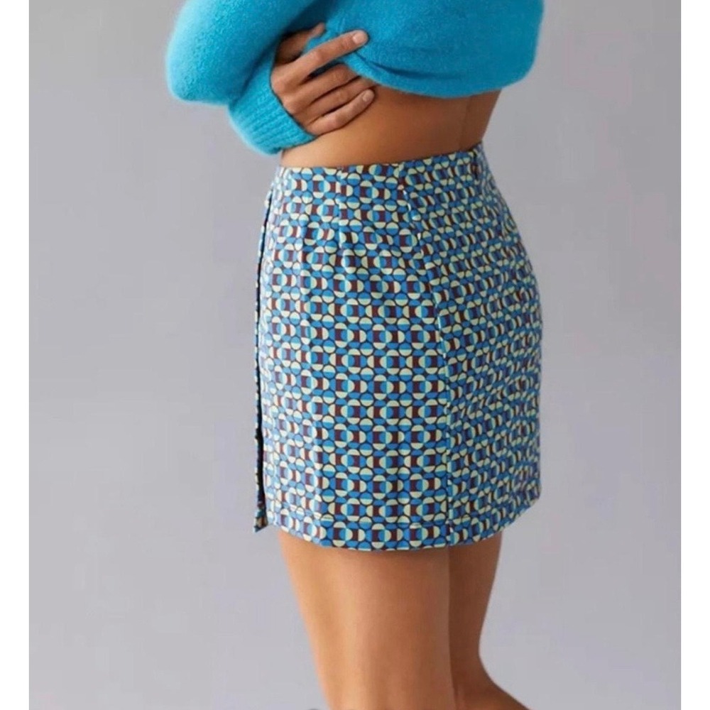 Urban Outfitters Geometric Print Mini Skirt Blue Green Mod Retro XS - Picture 2 of 6